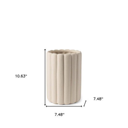 11" Beige Cylinder Ribbed Texture Ceramic Table Vase
