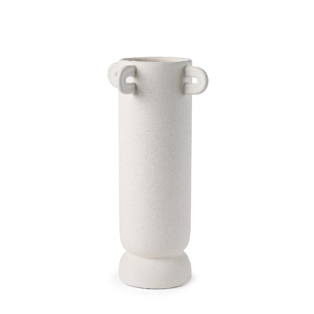 16" Off White Cylinder Ceramic Table Vase With Handles