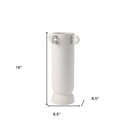 16" Off White Cylinder Ceramic Table Vase With Handles