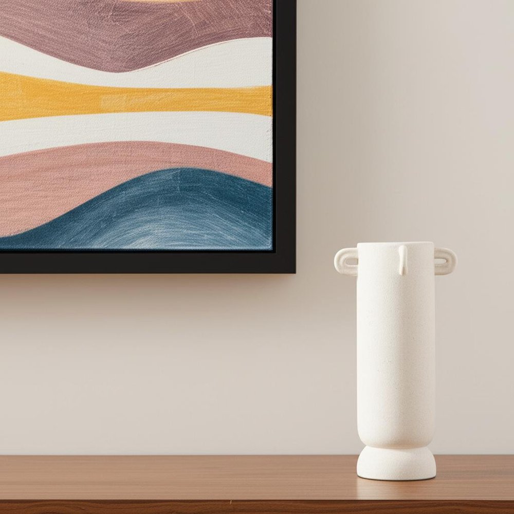 16" Off White Cylinder Ceramic Table Vase With Handles