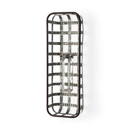 17" Black And Clear Glass Bottle And Metal Wall Vase