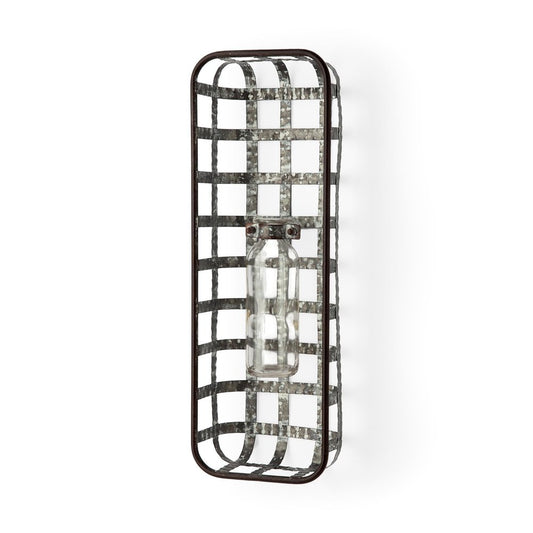 17" Black And Clear Glass Bottle And Metal Wall Vase