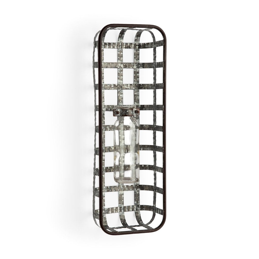 17" Black And Clear Glass Bottle And Metal Wall Vase