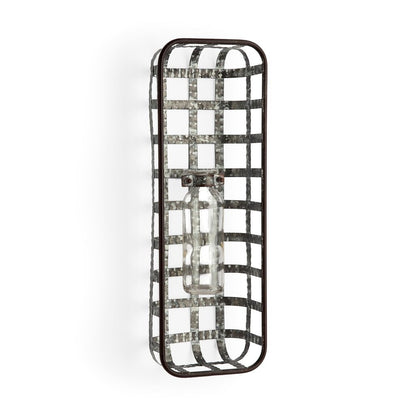 17" Black And Clear Glass Bottle And Metal Wall Vase