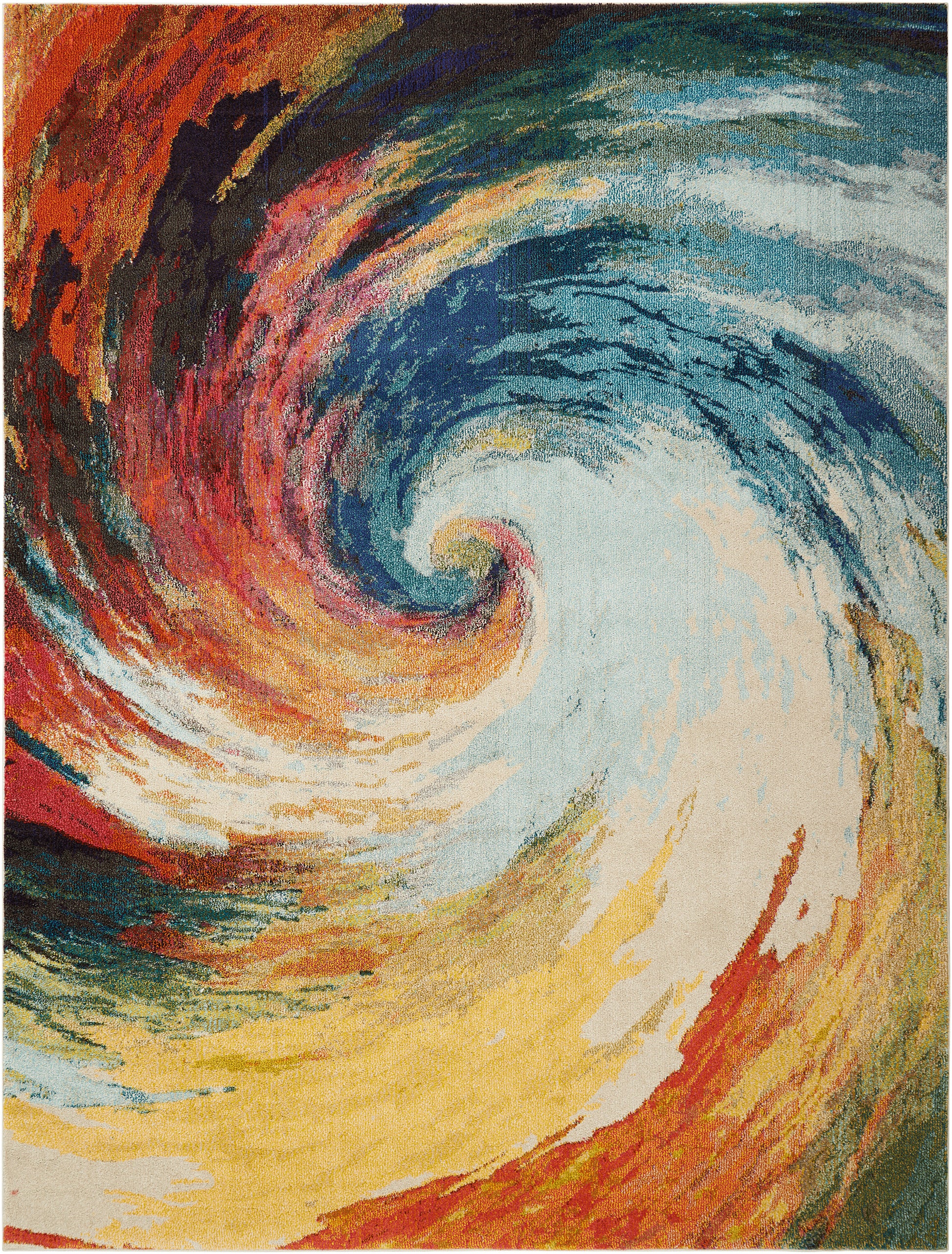 Abstract swirl design rug with a circular vortex in vivid reds, yellows, teals and blues.