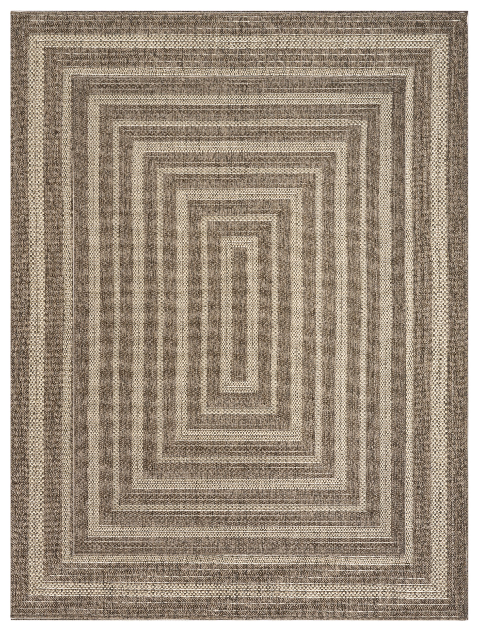 Rectangular woven rug with concentric tan, beige and brown borders in a textured geometric pattern.