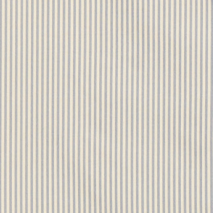Blue and white vertical silk stripe fabric with narrow, even stripes.