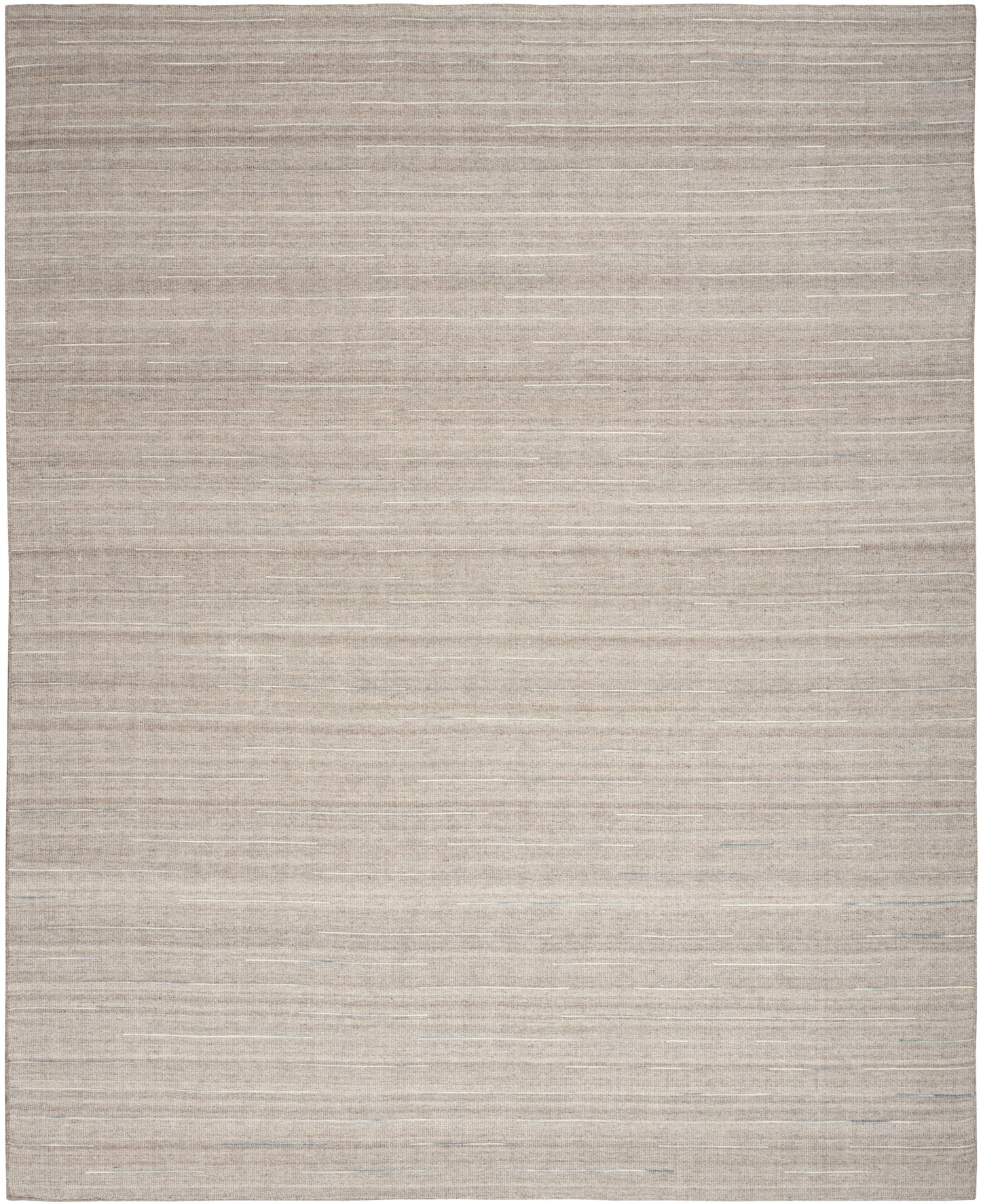 Beige woven rectangular rug with subtle horizontal white-gray stripes and a soft, neutral texture.