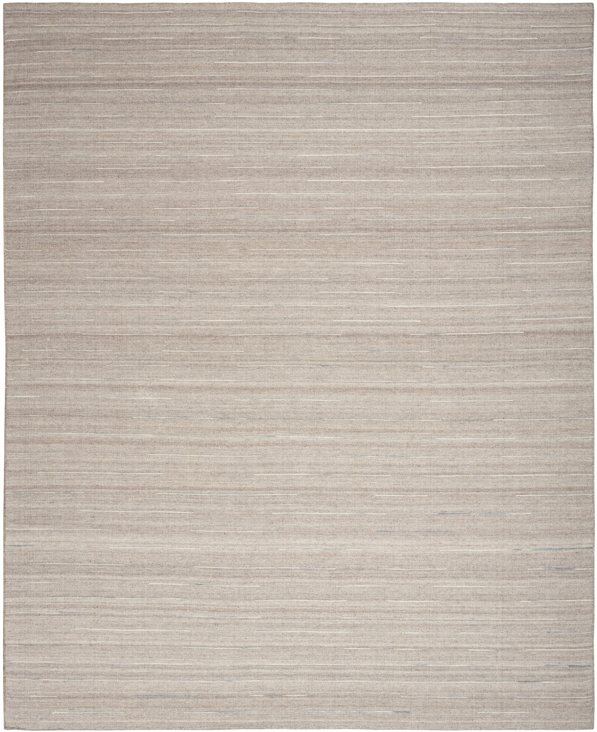 Beige woven rectangular rug with subtle horizontal white-gray stripes and a soft, neutral texture.