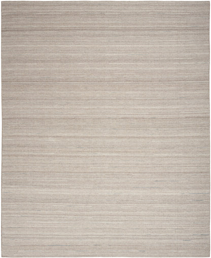 Beige woven rectangular rug with subtle horizontal white-gray stripes and a soft, neutral texture.