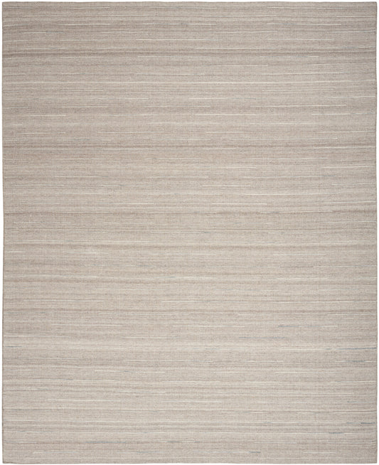 Beige woven rectangular rug with subtle horizontal white-gray stripes and a soft, neutral texture.