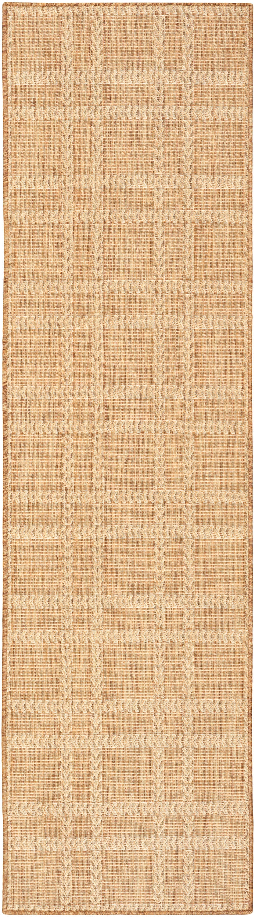 Natural beige jute hallway runner rug with a woven plaid grid pattern.
