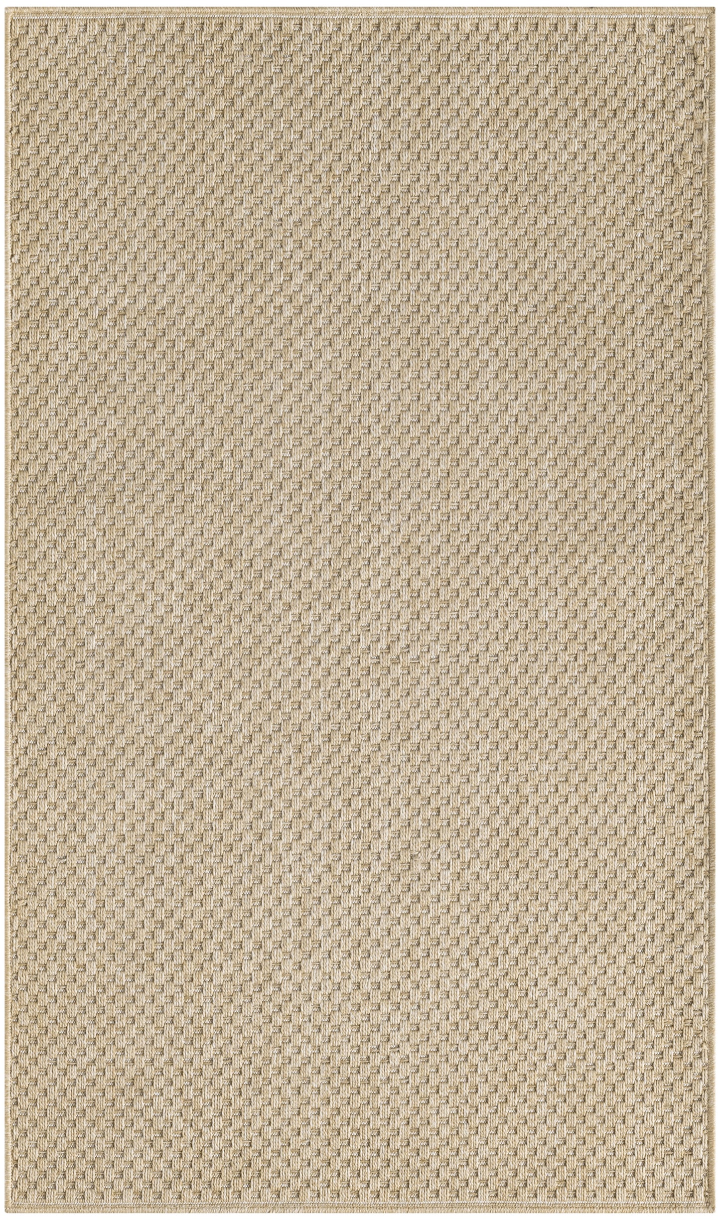 Beige woven rug with tight basketweave texture; rectangular, neutral decor for living room.