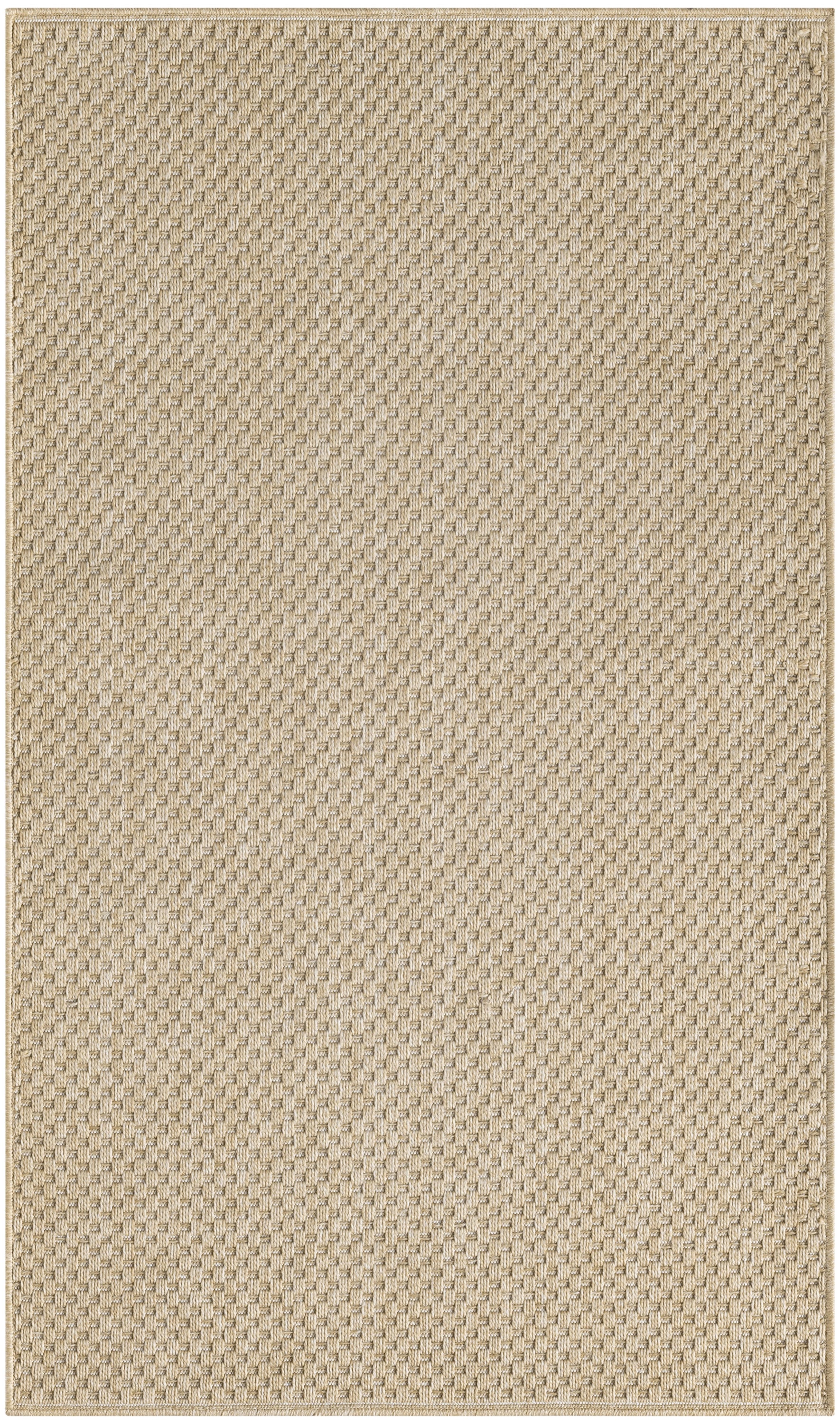 Beige woven rug with tight basketweave texture; rectangular, neutral decor for living room.