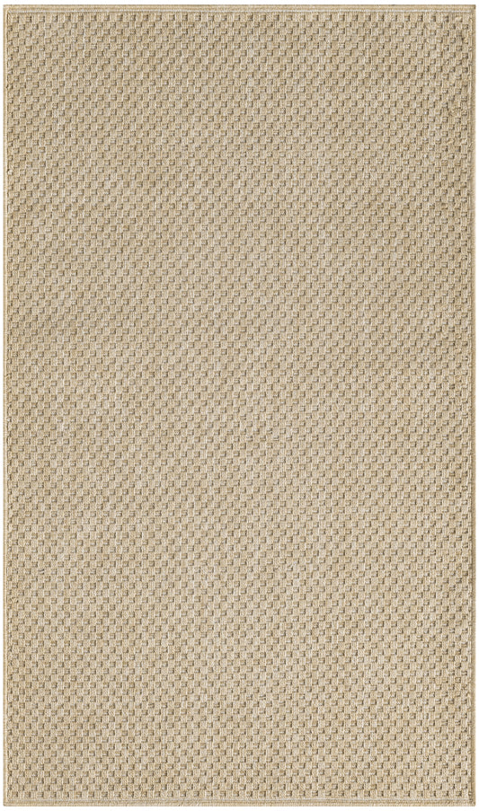 Beige woven rug with tight basketweave texture; rectangular, neutral decor for living room.