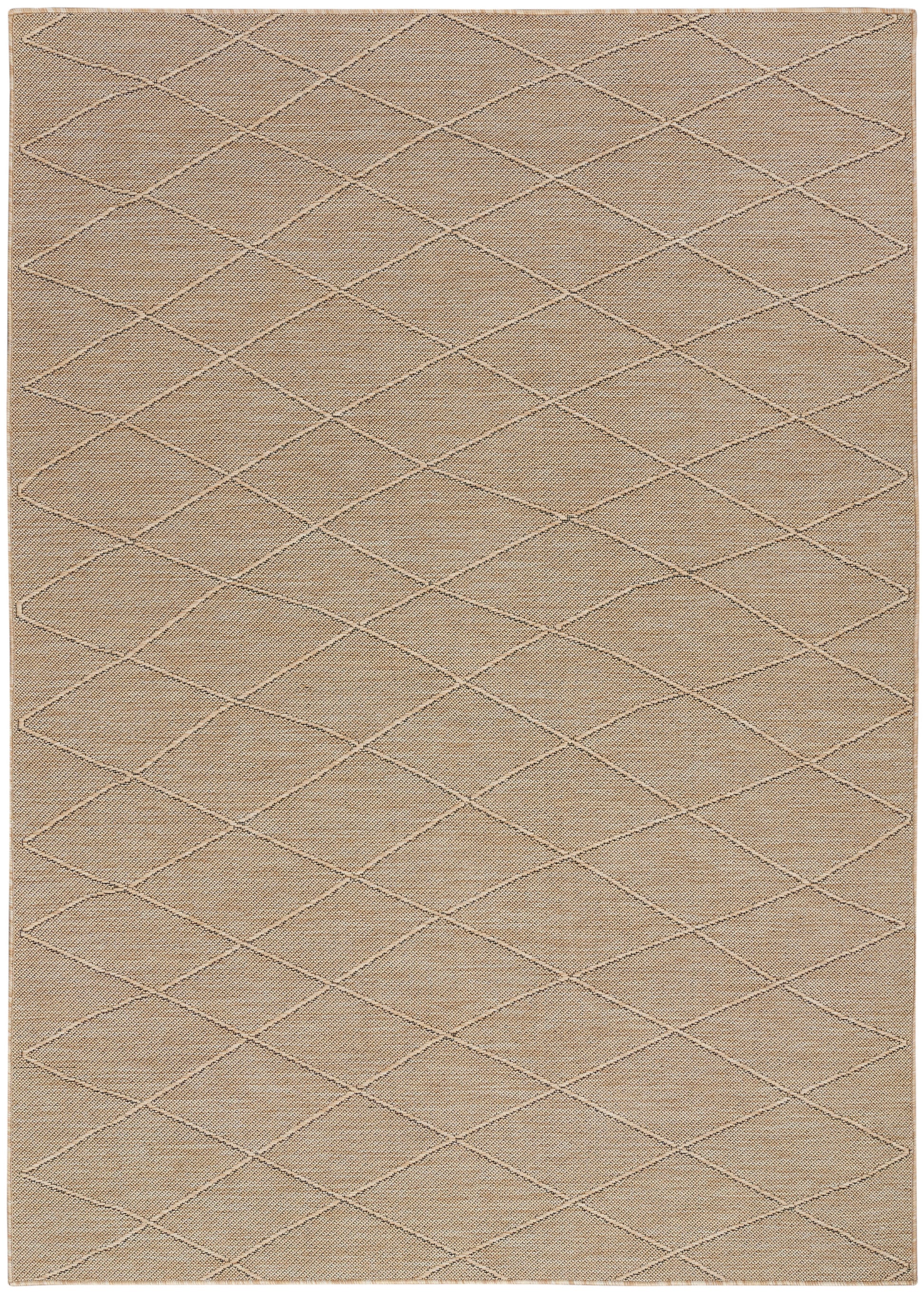 Beige rectangular woven rug with a subtle light-stitch diamond lattice pattern for a casual contemporary look.