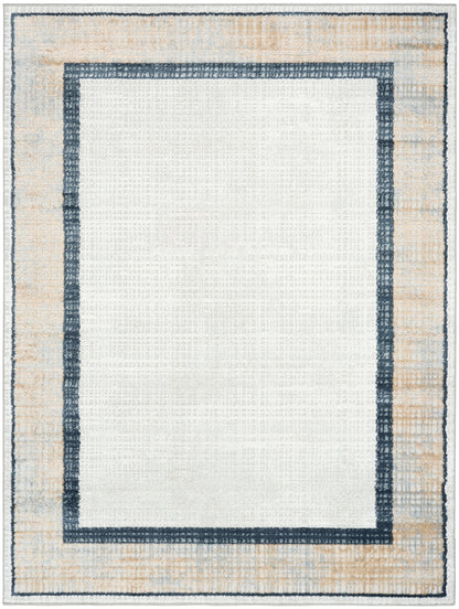 Rectangular rug with ivory center, dark navy inner border and beige outer border; modern framed border design.
