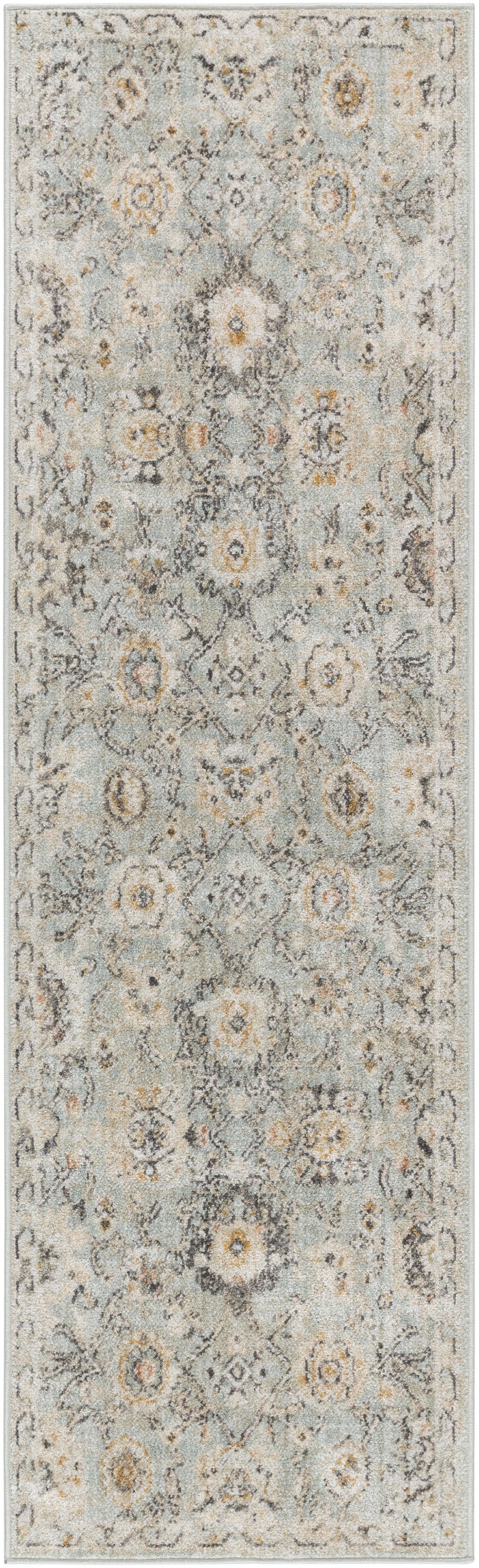 Light blue-gray oriental runner rug with distressed ivory, beige and gold floral motifs.