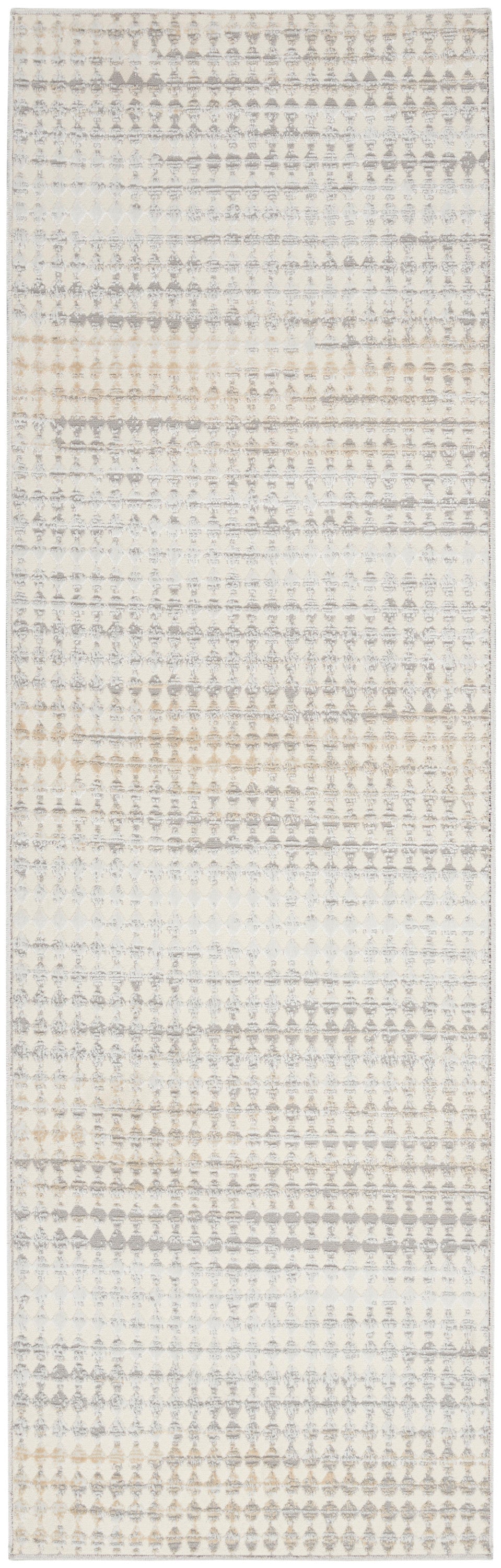 Long ivory-gray geometric runner rug with faded diamond motif, soft neutrals in creams and beiges, flat-weave hallway decor.