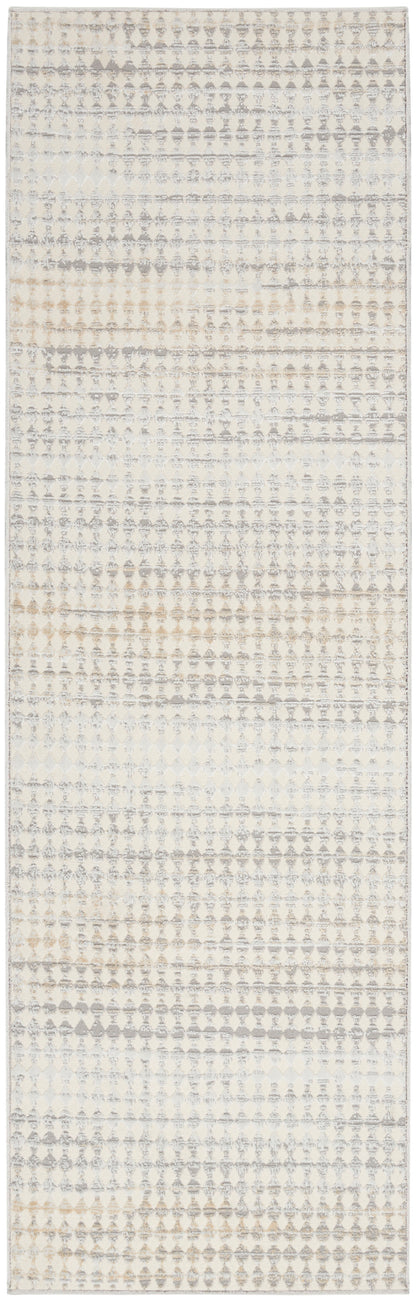 Long ivory-gray geometric runner rug with faded diamond motif, soft neutrals in creams and beiges, flat-weave hallway decor.