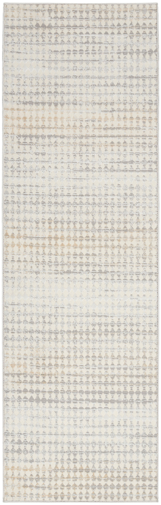 Long ivory-gray geometric runner rug with faded diamond motif, soft neutrals in creams and beiges, flat-weave hallway decor.