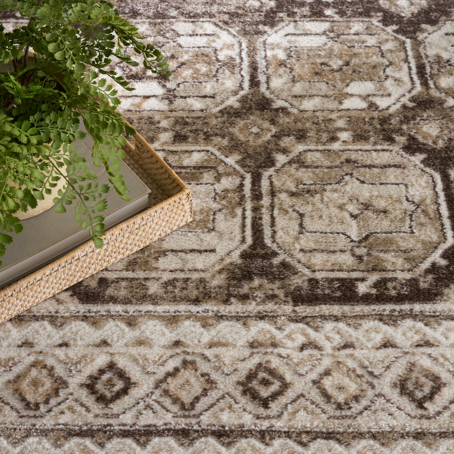 Beige-brown geometric rug with medallion motifs; wicker basket holding a plant and a book on the rug.