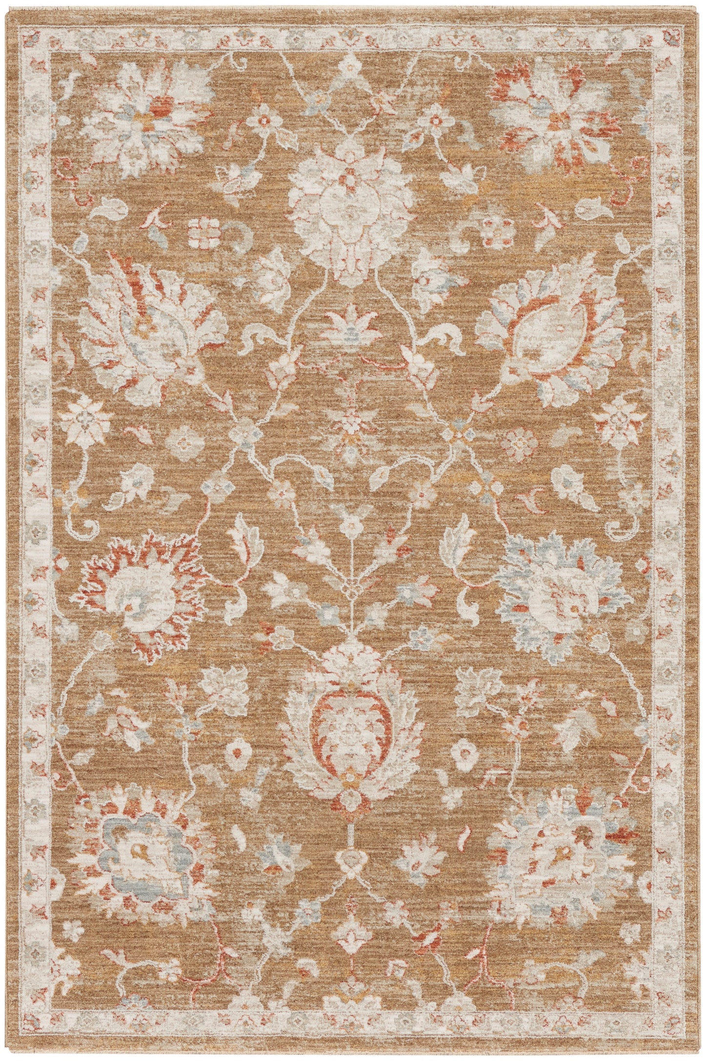 Beige-gold oriental rug with ivory, peach and pale blue floral damask motifs and a light border.