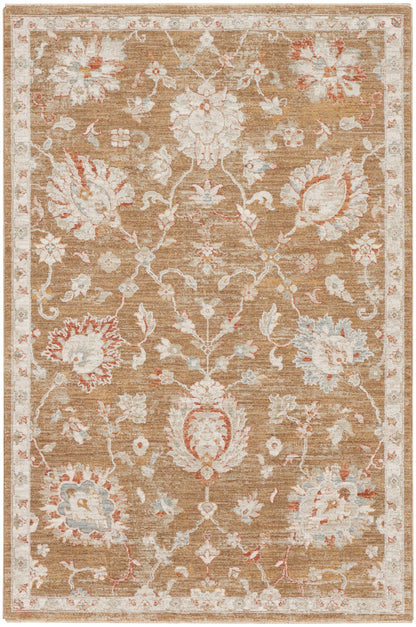 Beige-gold oriental rug with ivory, peach and pale blue floral damask motifs and a light border.