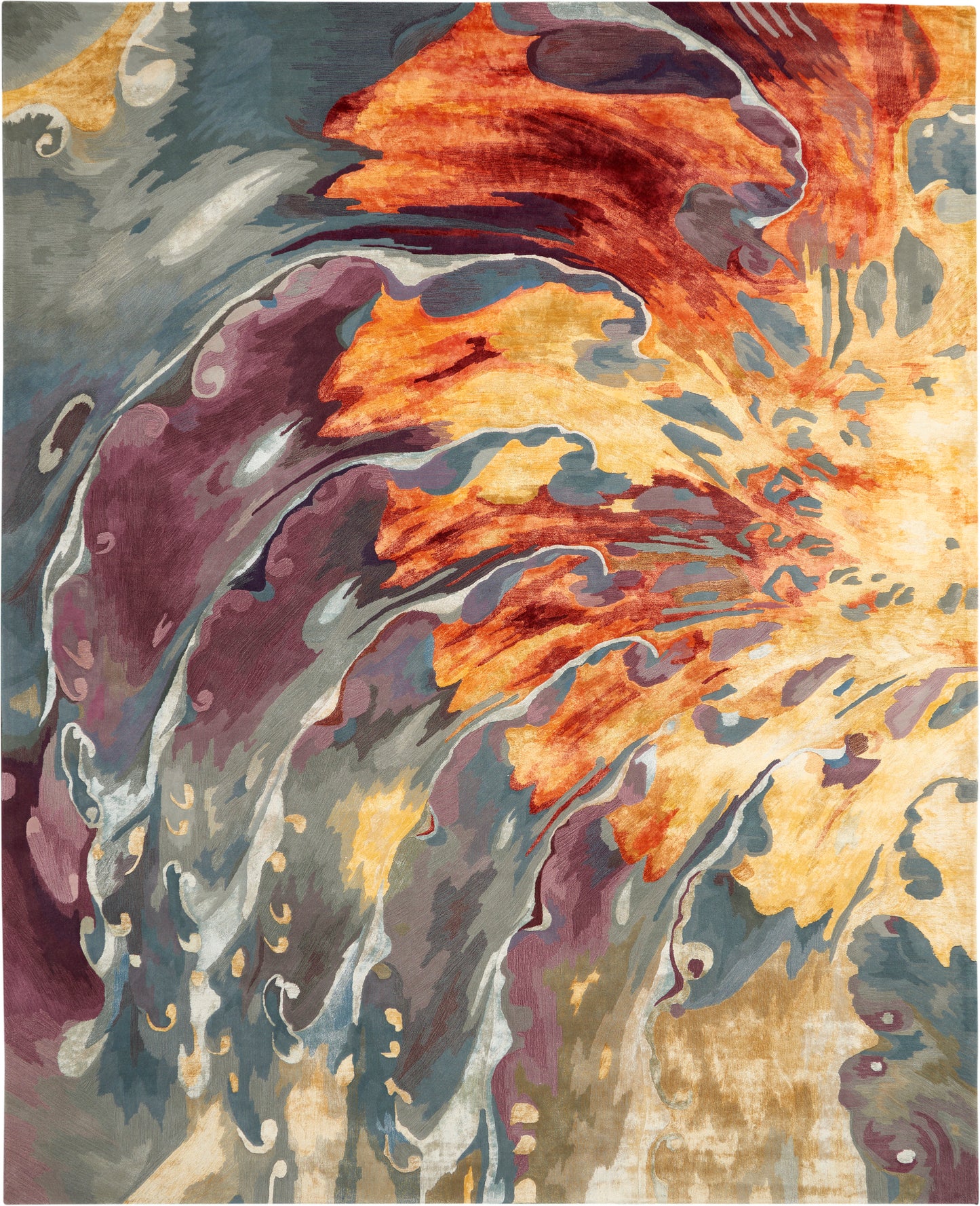 Abstract multicolor area rug with bold orange, yellow and teal swirls blending with gray and purple.