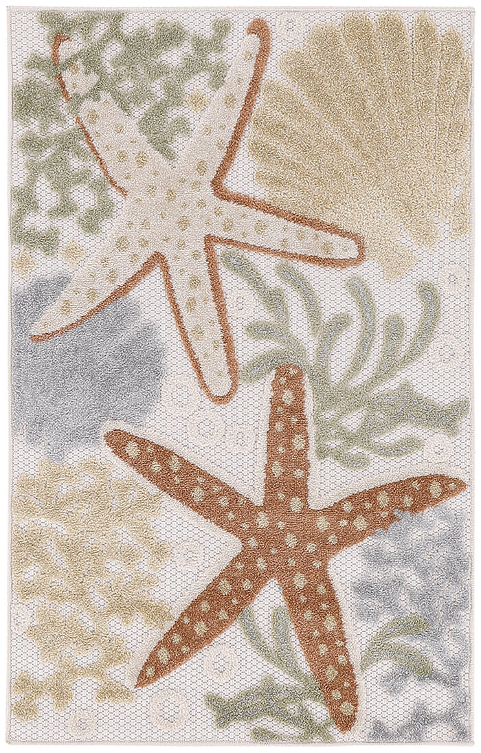Coastal loop-pile rug featuring orange starfish, seaweed, & coral motifs on cream background; bathroom or beach decor.