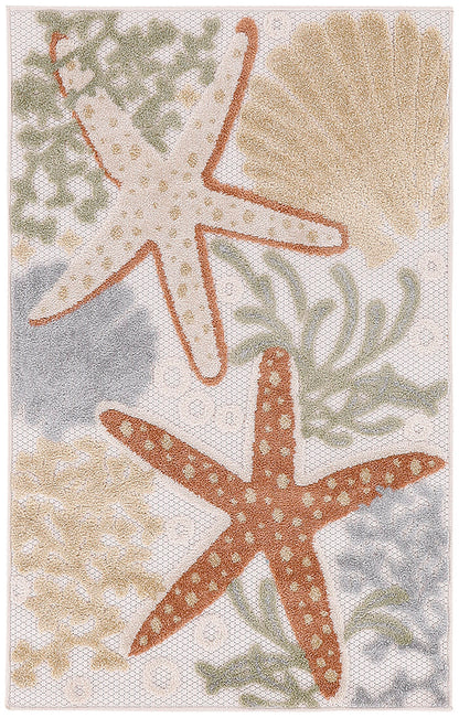 Coastal loop-pile rug featuring orange starfish, seaweed, & coral motifs on cream background; bathroom or beach decor.