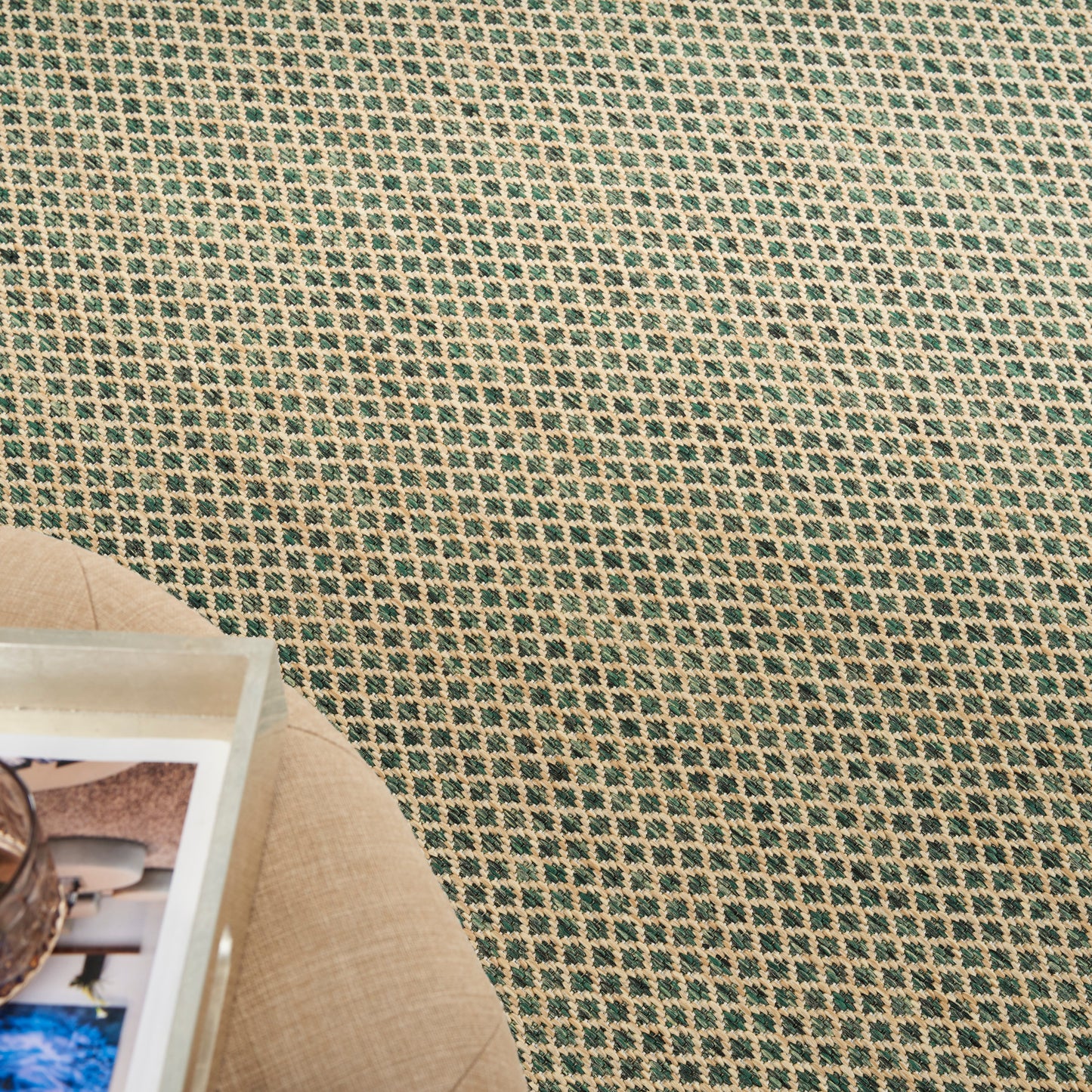 Teal & beige woven rug with a tiny square grid pattern; natural fiber look, casual living room accessory.