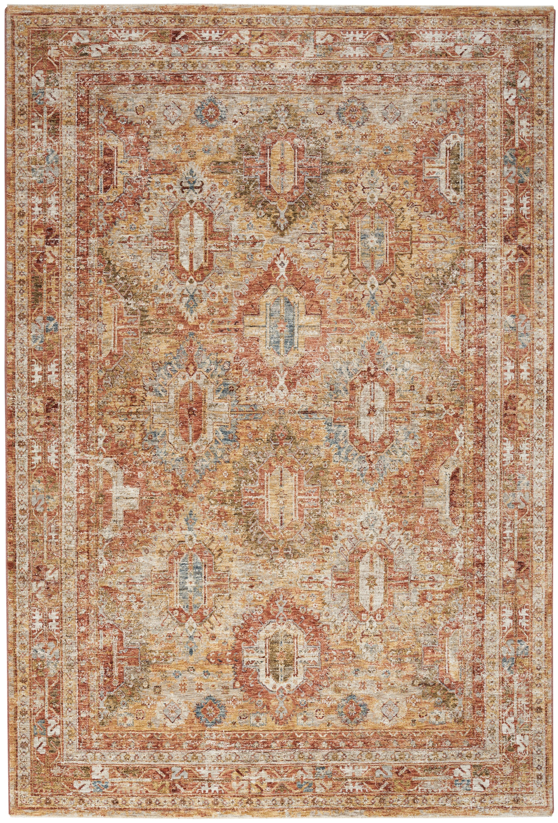 Rectangular vintage oriental rug in rust, cream, blue and gold with central medallions and floral border.
