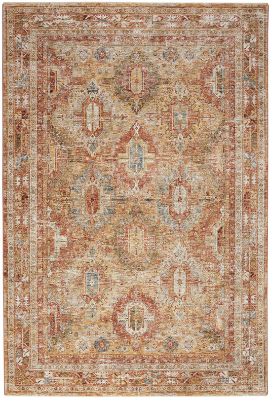 Rectangular vintage oriental rug in rust, cream, blue and gold with central medallions and floral border.