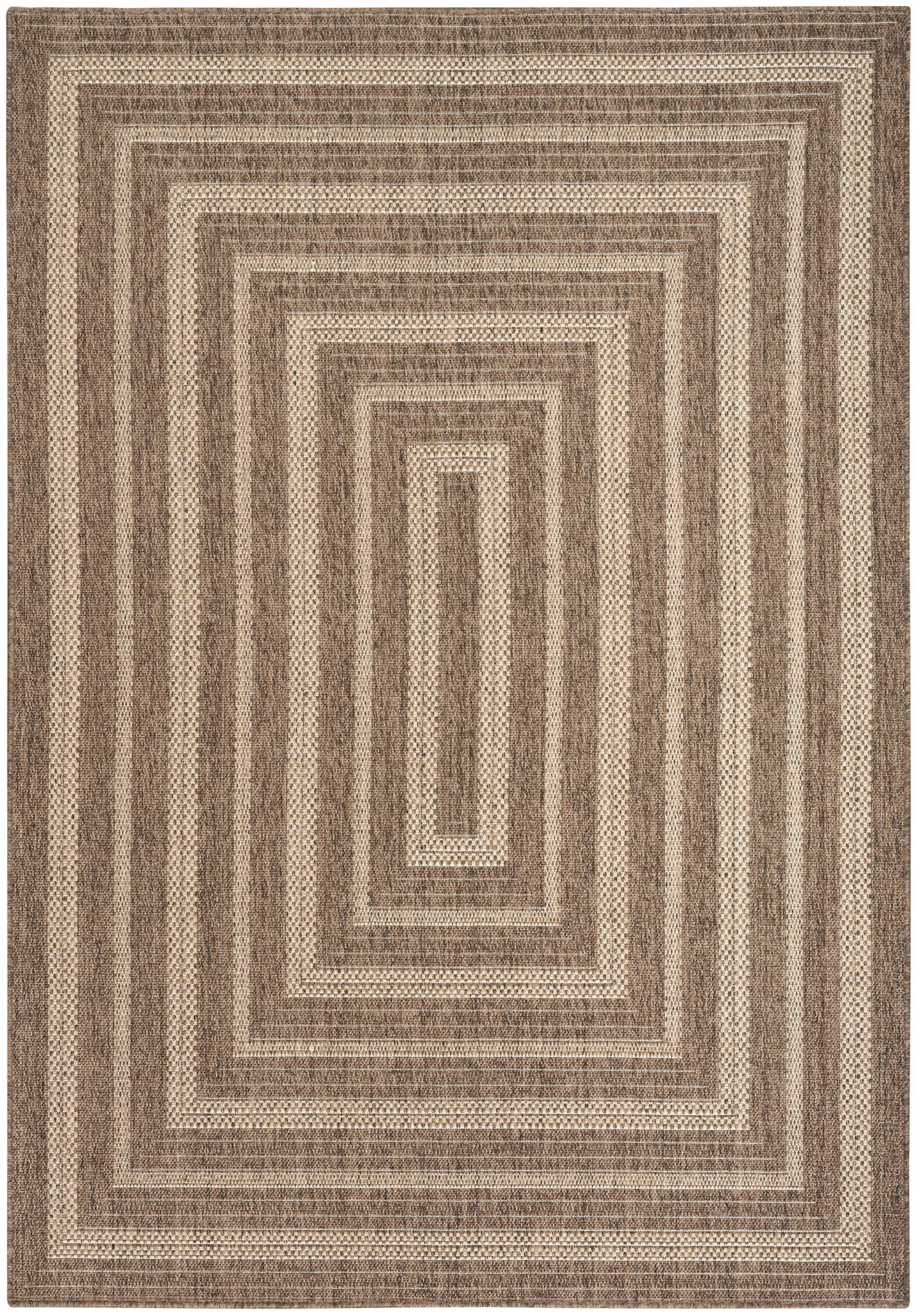 Rectangular area rug in brown and beige with concentric rectangular borders and woven texture.