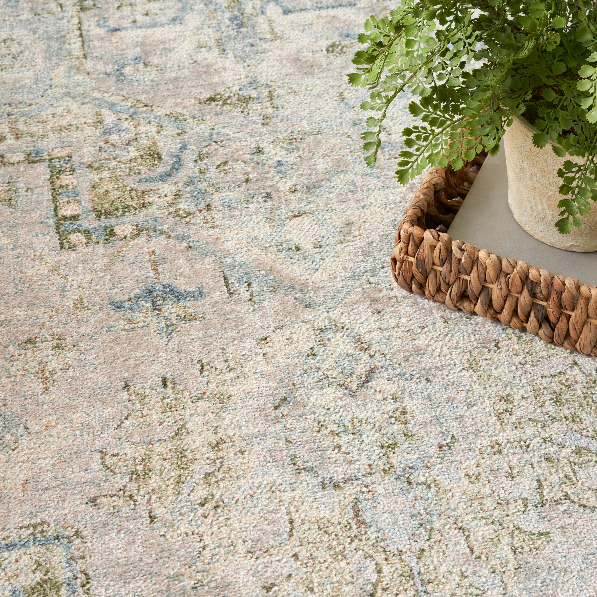 Pastel oriental-style area rug with distressed pink, blue and sage patterns; potted fern in a woven wicker tray.