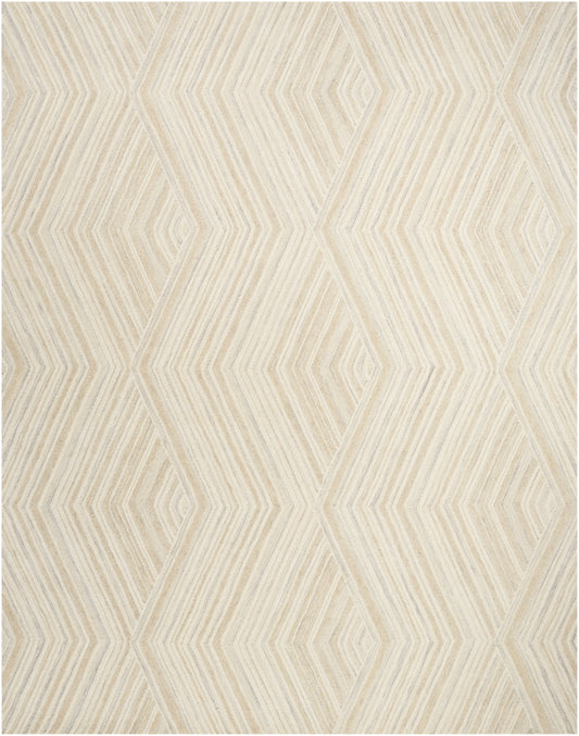 Beige rug with diamond-shaped concentric line pattern in cream and tan, textured woven surface.