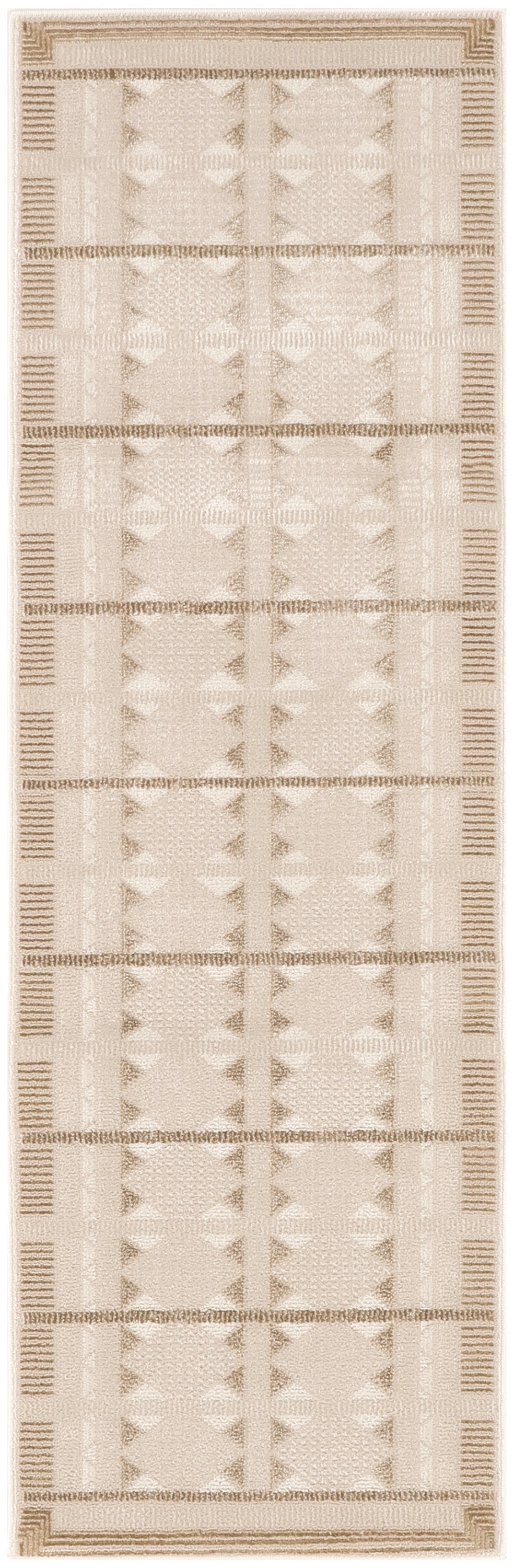 Beige rectangular runner rug with a soft geometric pattern of diamonds and circles in a neutral palette and striped border.