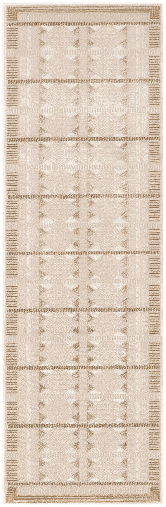 Beige rectangular runner rug with a soft geometric pattern of diamonds and circles in a neutral palette and striped border.