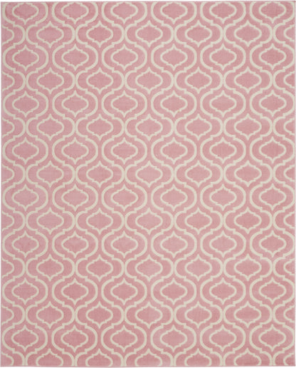 Pink and white damask trellis wallpaper with repeating curved quatrefoil shapes.