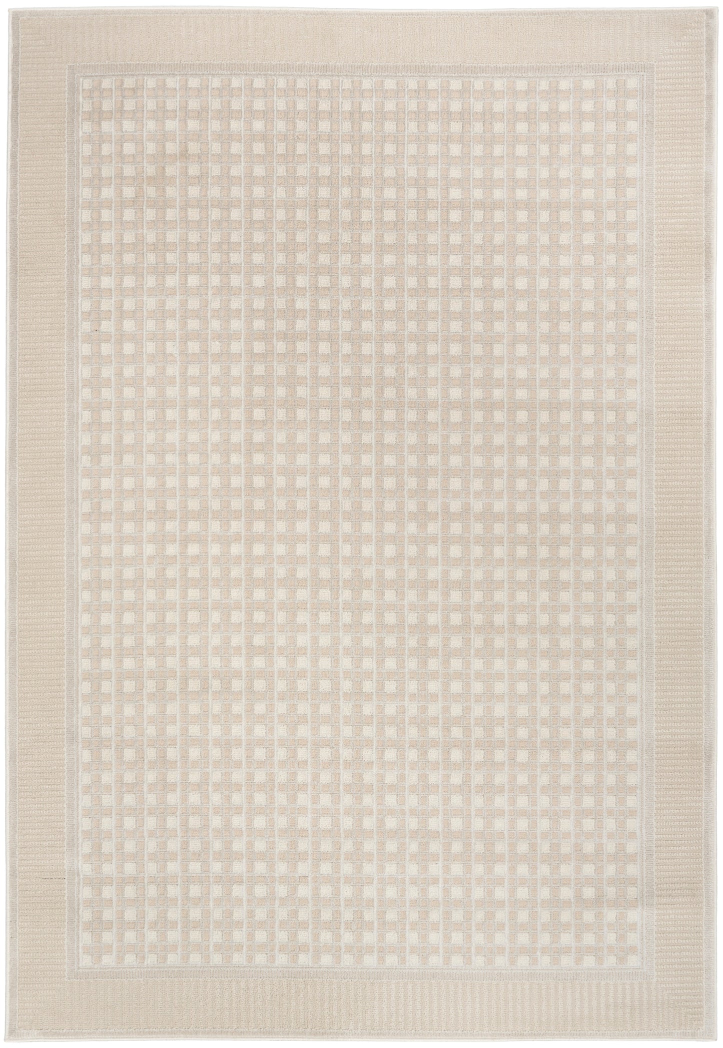 Beige rectangular woven rug with a subtle grid pattern and thick border; neutral floor decor for living room or entryway.