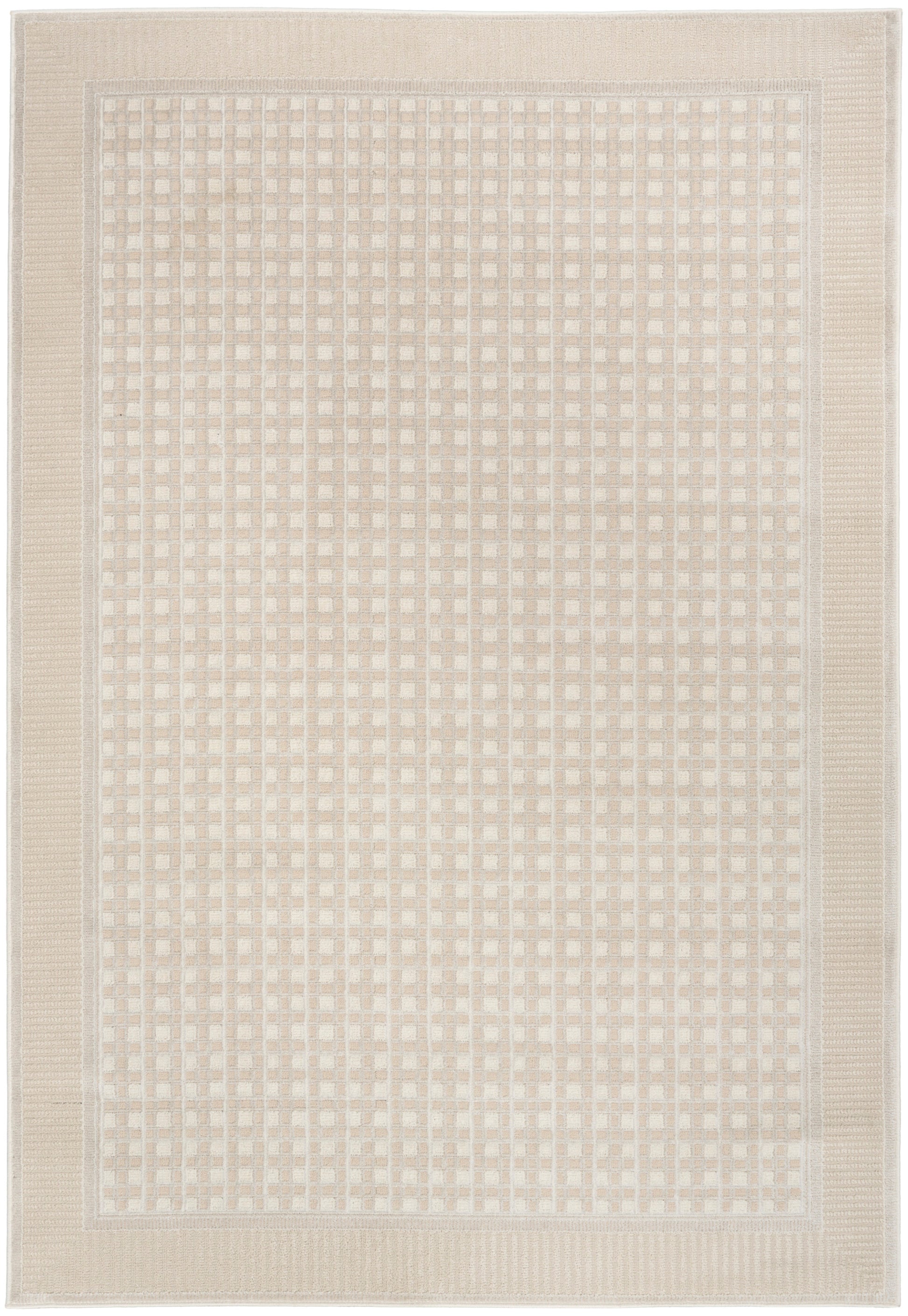 Beige rectangular woven rug with a subtle grid pattern and thick border; neutral floor decor for living room or entryway.