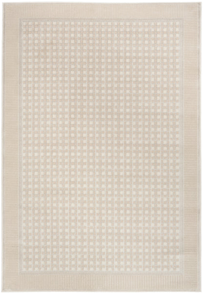 Beige rectangular woven rug with a subtle grid pattern and thick border; neutral floor decor for living room or entryway.