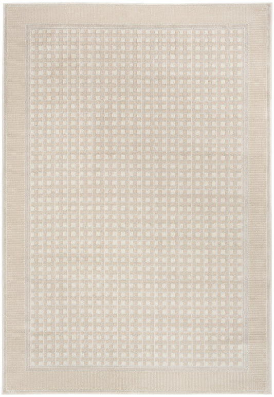 Beige rectangular woven rug with a subtle grid pattern and thick border; neutral floor decor for living room or entryway.