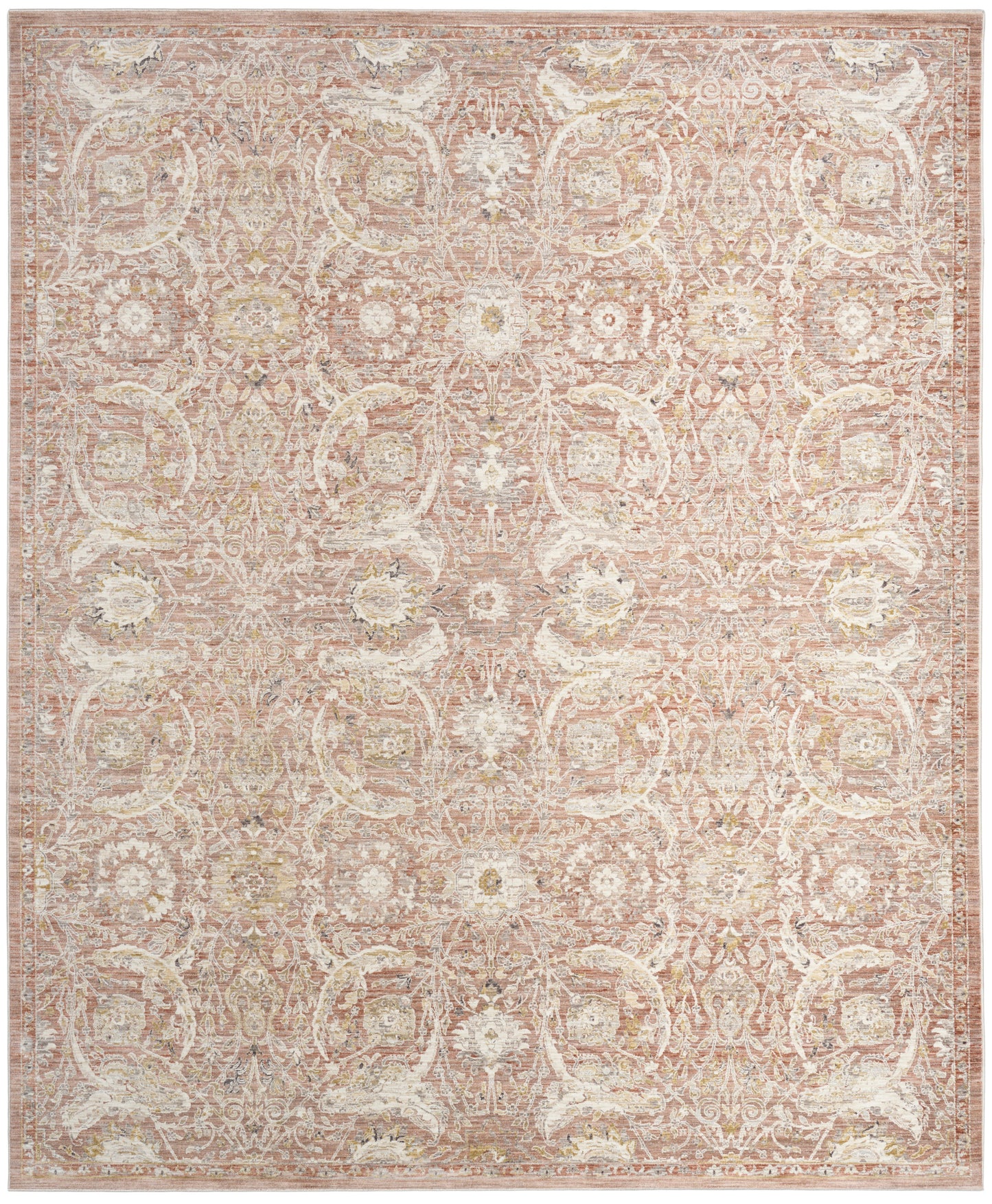 Pastel pink and ivory distressed oriental area rug with ornate floral medallions, rectangular.