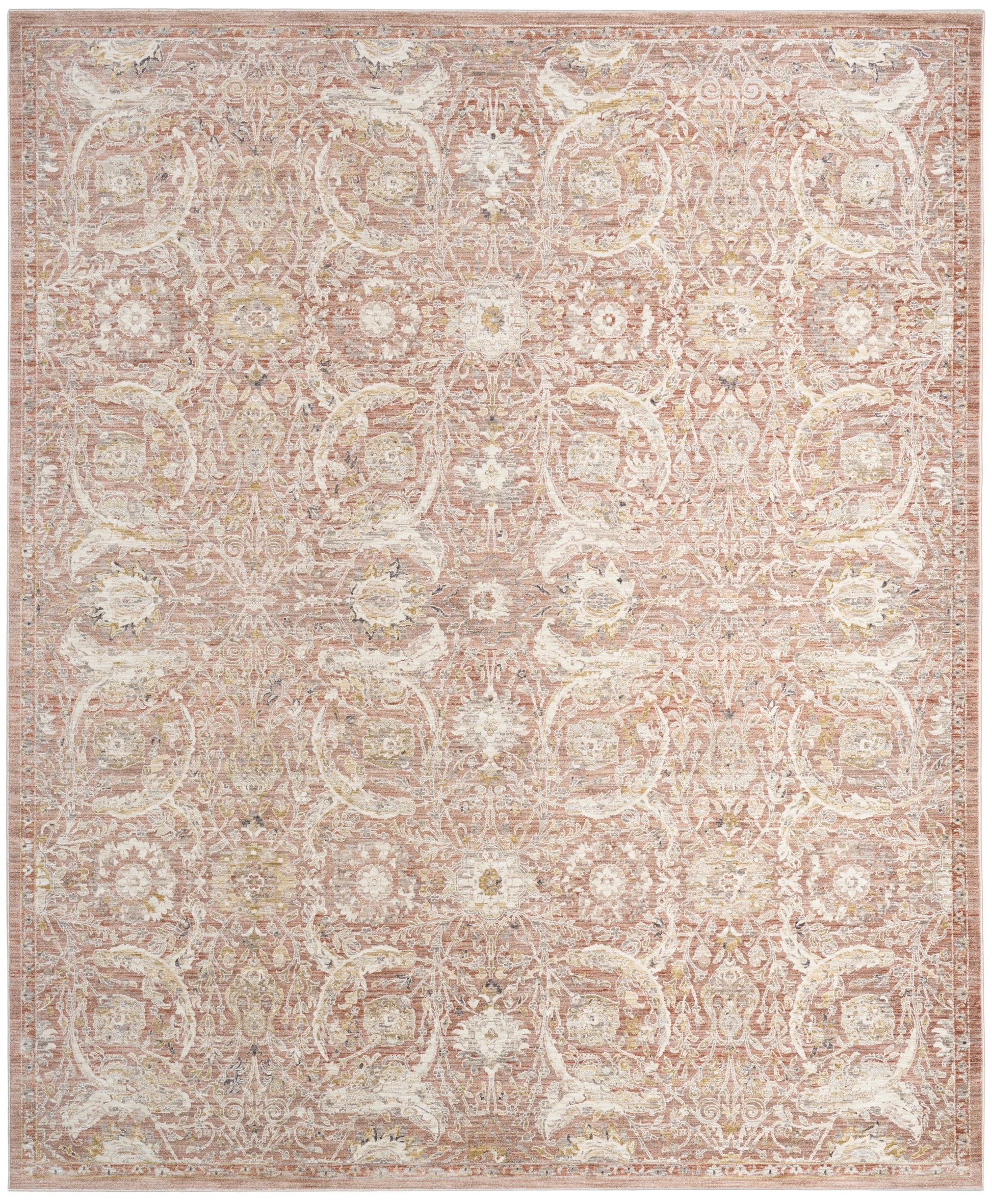 Pastel pink and ivory distressed oriental area rug with ornate floral medallions, rectangular.
