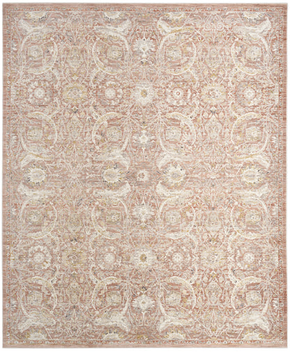 Pastel pink and ivory distressed oriental area rug with ornate floral medallions, rectangular.
