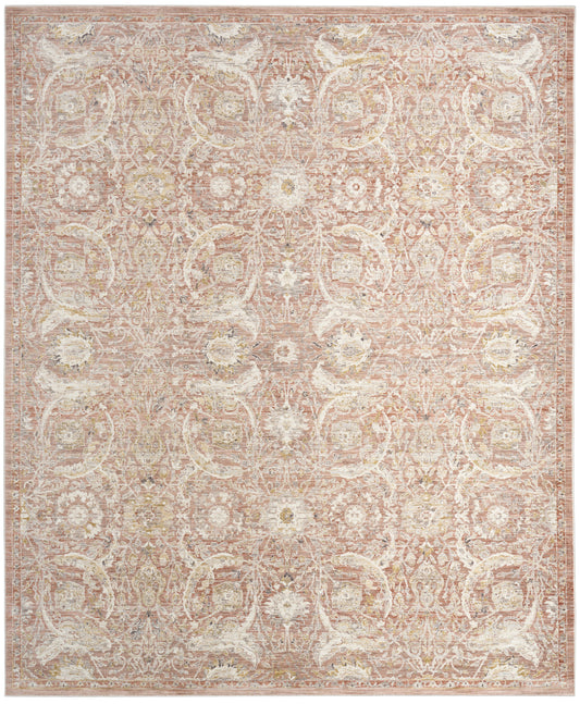 Pastel pink and ivory distressed oriental area rug with ornate floral medallions, rectangular.