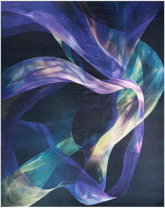 Abstract wall art featuring translucent ribbons in purple, blue and teal twisting across a dark background.