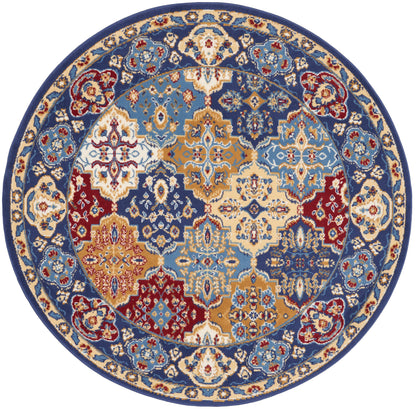 Round oriental rug in blue, gold, ivory and red with floral medallion pattern; Persian-inspired floor decor.